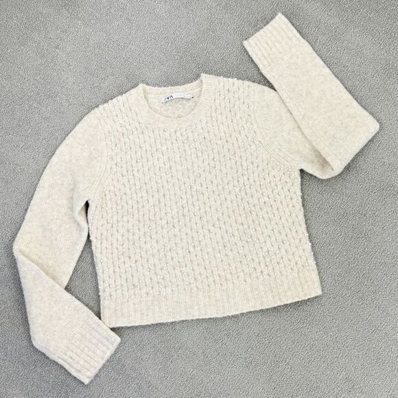 Zara Pearl Embellished Wool Blend Pullover Crop Sweater Beige Large - Picture 14 of 14